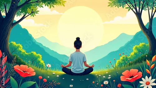 Wallpaper Mural Woman Meditating in Nature at Sunset with Mountains and Floral Accents Illustration Torontodigital.ca