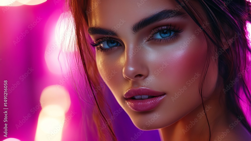Naklejka premium A modern, fashionable woman's portrait, bathed in vibrant neon lights, symbolizes beauty, confidence, allure, and modern art