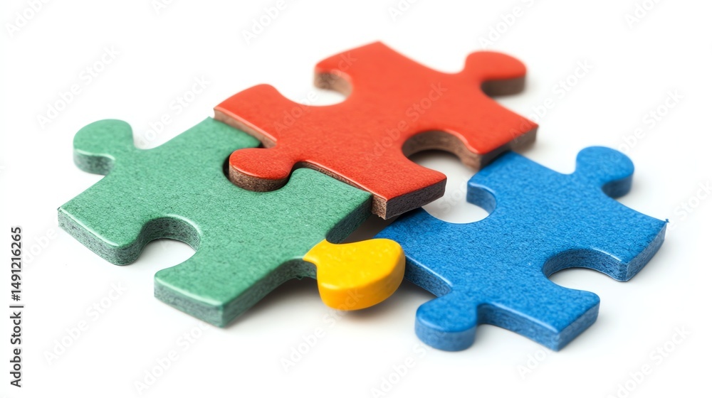 A single, brightly colored jigsaw puzzle piece rests on a white surface. A single, brightly colored jigsaw puzzle piece rests on a white surface.