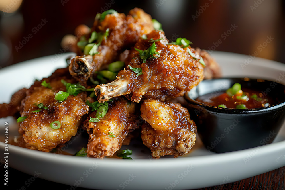 A plate of fried chicken wings with green onions and a small bowl of dipping sauce on the side A plate of fried chicken wings with green onions and a small bowl of dipping sauce on the side