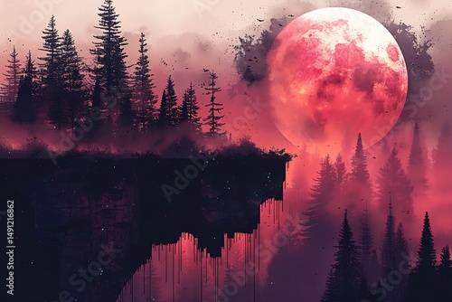 Floating forest under crimson moon