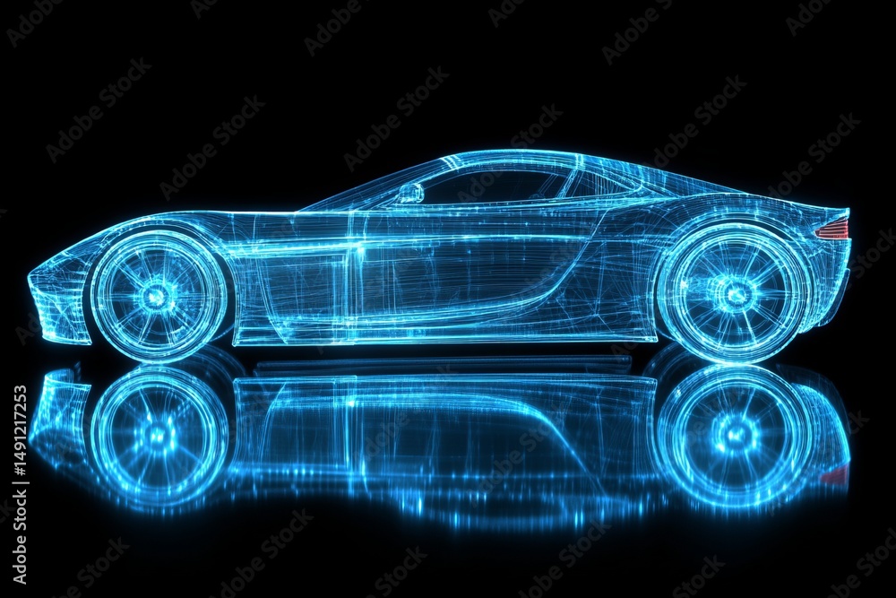 Naklejka premium Modern automotive design illustration featuring a futuristic electric car concept with sleek lines glowing blue on a dark background