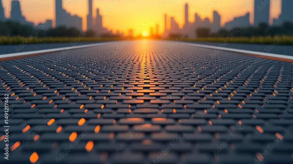Fototapeta premium Futuristic road surface with integrated solar panels leading towards a city skyline at sunset, symbolizing sustainable energy and transportation