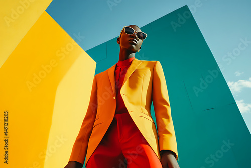 A person in a yellow suit and red shirt posing against yellow and blue geometric shapes outdoors