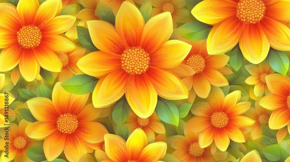 Fototapeta premium Vibrant Orange Floral Pattern with Bright Yellow Petals and Green Leaves
