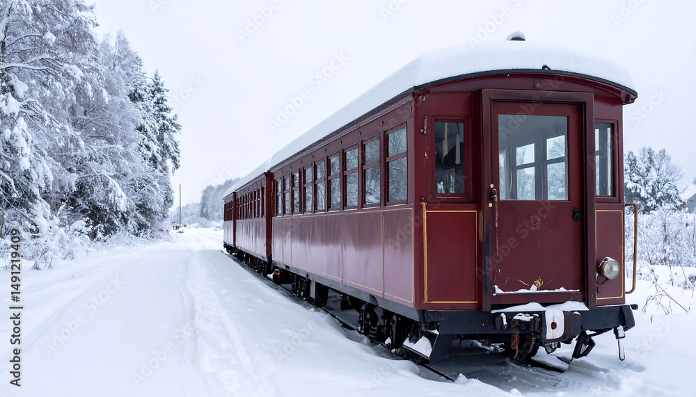 Fototapeta premium A vintage train car sits stationary amidst a snowcovered landscape. Perfect for concepts of travel, history, winter scenery, solitude, or a peaceful escape, it evokes nostalgia and wonder.