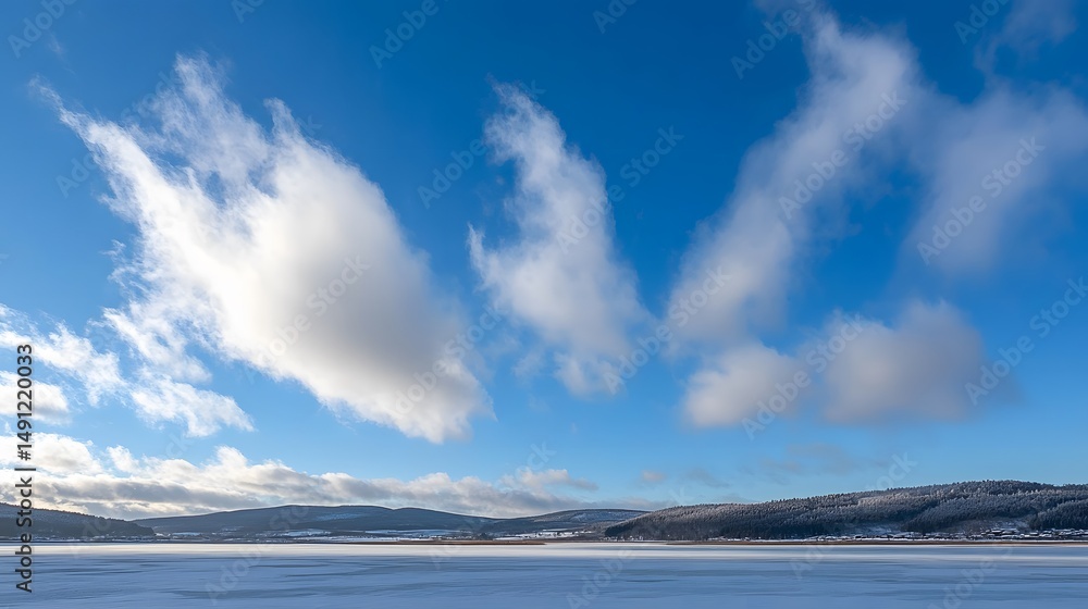 Obraz premium Frozen Lake Winter Landscape Snowy Mountains Blue Sky White Clouds