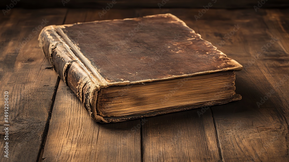 Obraz premium An antique book rests on a dark wooden table against a shadowy background.