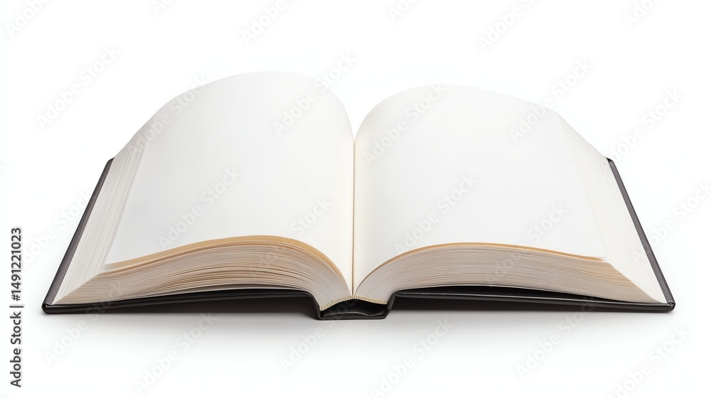 An open book with blank pages sits prominently in the image. An open book with blank pages sits prominently in the image.