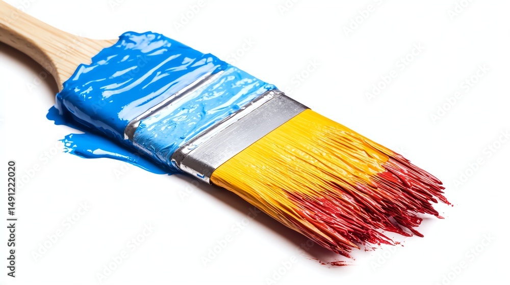 Fototapeta premium A paintbrush covered in vibrant, colorful paint rests on a white background.