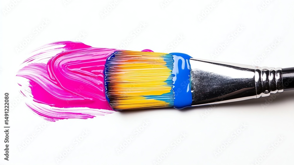 Fototapeta premium A paintbrush covered in vibrant, colorful paint rests on a white background.