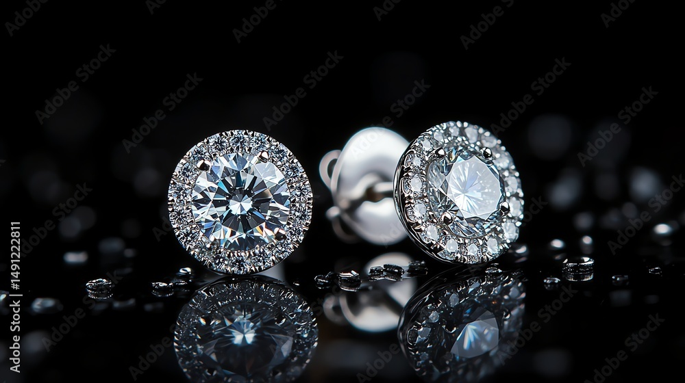 A pair of sparkling diamond earrings are displayed against a stark black background. A pair of sparkling diamond earrings are displayed against a stark black background.