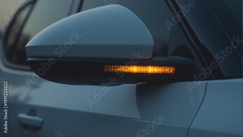 Stylish amber wing mirror turn signal on hybrid SUV exuding modern elegance with glossy finish Ideal for automotive concepts