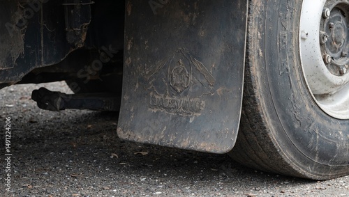 Close up shot of a weathered tractor trailer mud flap featuring a curled edge embossed logo and traces of road grime
