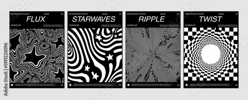 Set of four modern posters with black and white abstract line art, creating optical illusions, waves, star and vortex patterns ideal for futuristic and contemporary design.