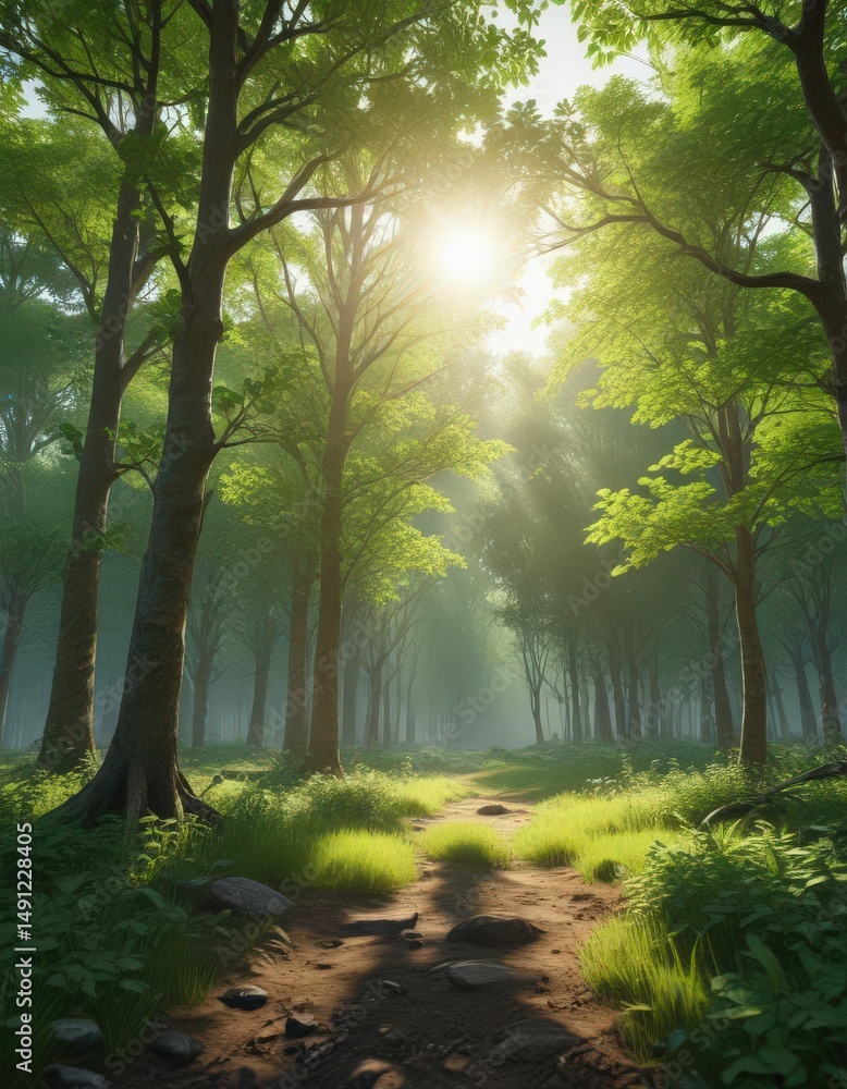 Fototapeta premium Dense young trees, bright green shoots, sunlight filtering through , twig, ecosystem