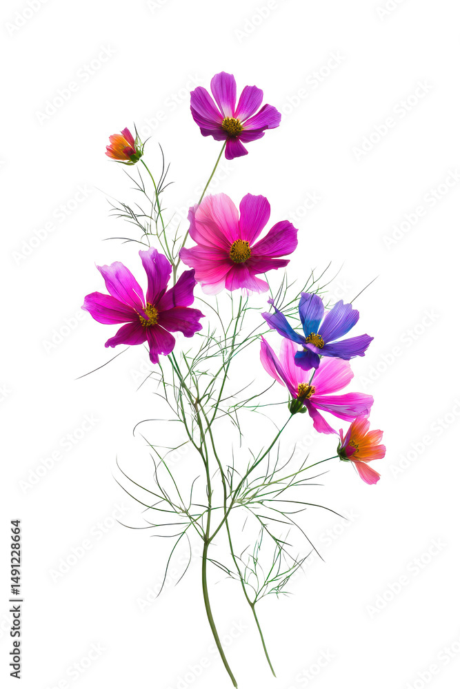 Naklejka premium Vibrant Cosmos Flowers A Delicate Bouquet of Pink, Purple, and Magenta Blooms