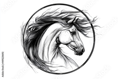 Elegant equine head drawing in a circular frame.