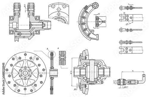 Scheme set of machine parts. Engineering automotive mechanical drawing of steel 
device. Industrial design on paper sheet. 
Technology hand drawn schematic diagram 
of machined building industry. 