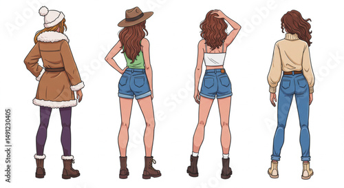 Back View Urban Women in Trendy Seasonal Outfits Vector Illustration