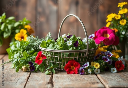 Seasonal herb and flower arrangement for salad on rustic wooden table
