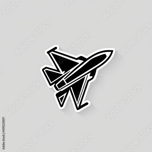 military plane fighter logo, isolated sticker, thick bold white outline, isolated, flat light grey background