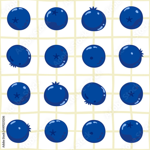 Seamless vector pattern with cute dark blue blueberries on a minimal, classic, retro, cute style. Various shapes and colors. Light blue background. Perfect for fabric design and packaging.

