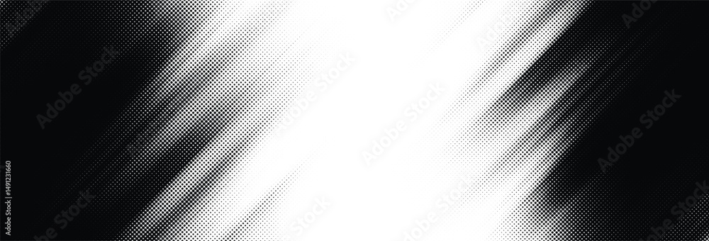 Vector halftone background with diagonal dotted graphic effect. Black and white dot fade design into white space. Tilted grainy stripe effect.