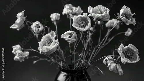 Gloomy depiction of withered flowers in a still-life context. Detailed view of decayed blooms in a vase set against a dark background.
