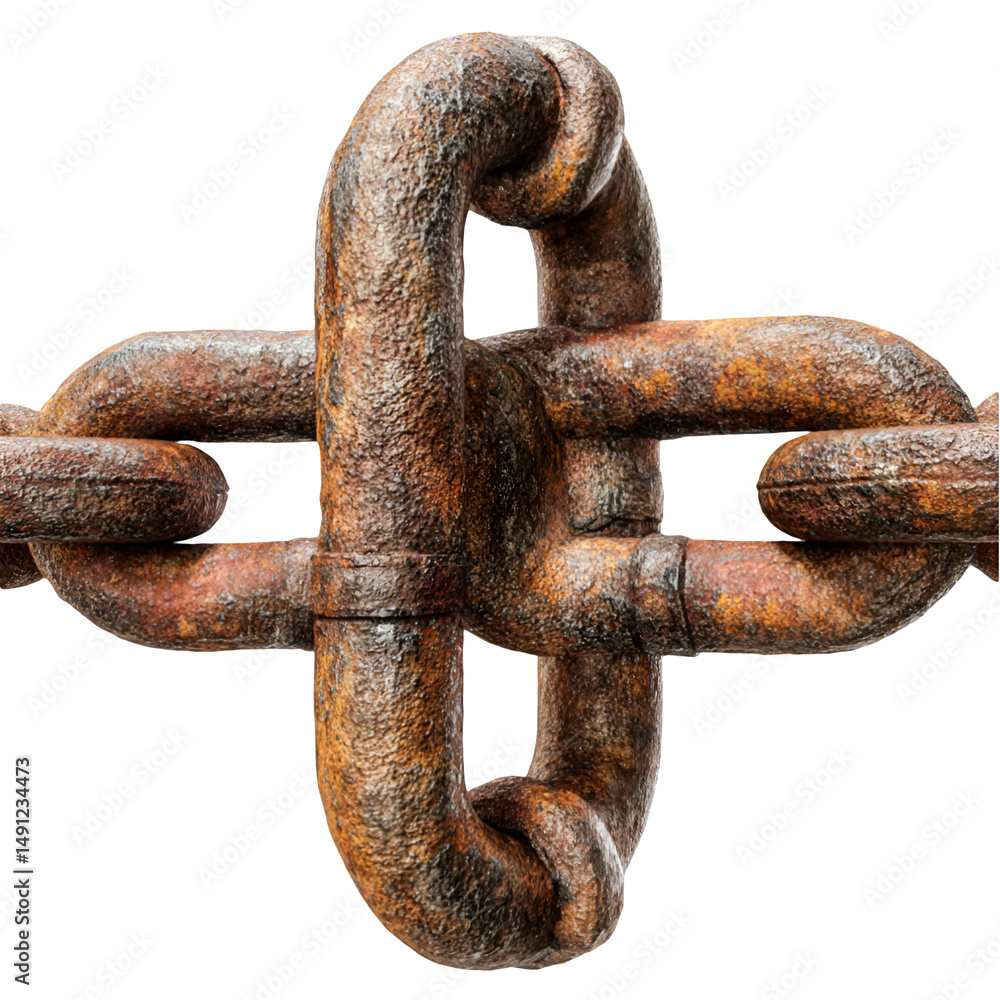 Fototapeta premium Rusty chain links interlocked forming a cross shape on black background,