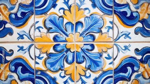 Colorful Traditional Ceramic Tile Pattern in Blue and Yellow Design