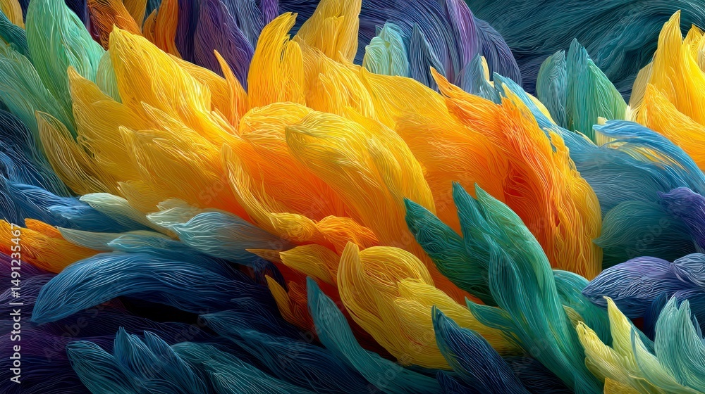Obraz premium Vibrant Abstract Feather Artwork with Multicolored Layers and Textured Patterns for Creative De