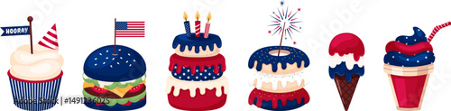 Patriotic USA Food and Dessert Icons. Cake, Burger, Ice Cream with american flag.