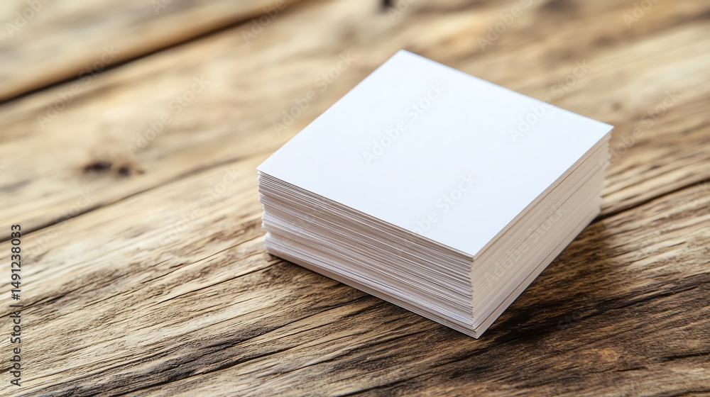 Fototapeta premium A neatly stacked pile of business cards rests on a rustic wooden desk.