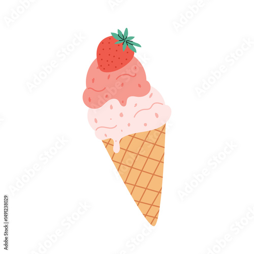 Cute strawberry ice cream cone with two scoops and a fresh berry on top. Summer sweet dessert illustration in flat style. Isolated on white background.