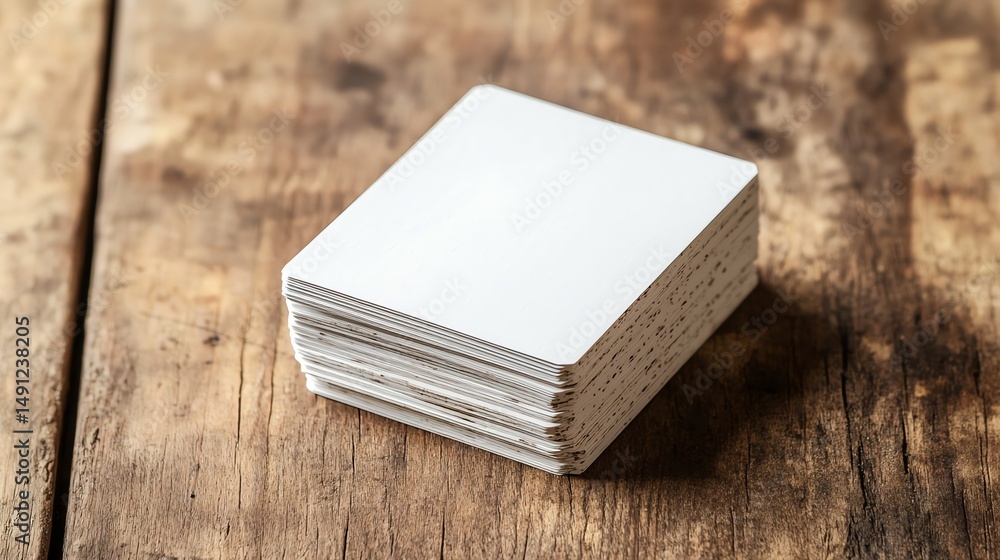 Fototapeta premium A neatly stacked collection of business cards rests on a rustic wooden desk.