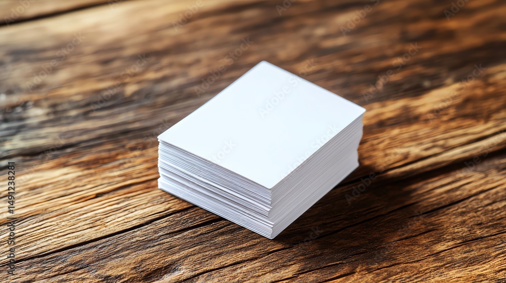 Fototapeta premium A neatly stacked pile of business cards rests on a rustic wooden desk.