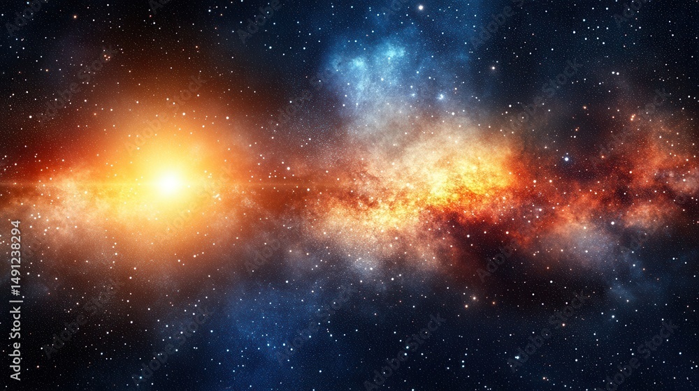 Naklejka premium Stunning Cosmic Landscape with Bright Star and Colorful Nebula