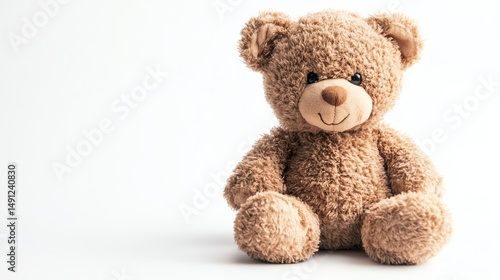 A single, plush teddy bear sits on a white surface.