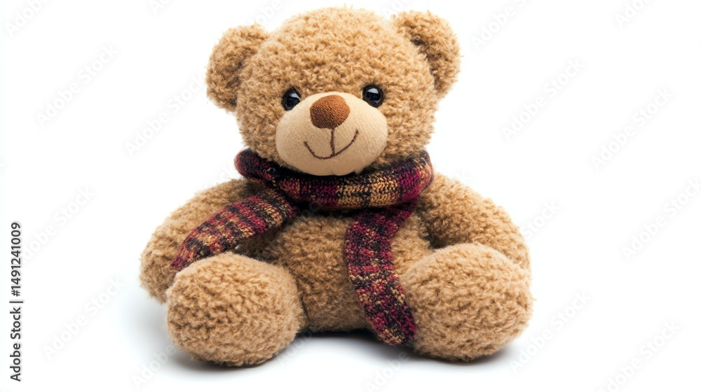 Fototapeta premium A fluffy, brown teddy bear sits alone on a white surface.