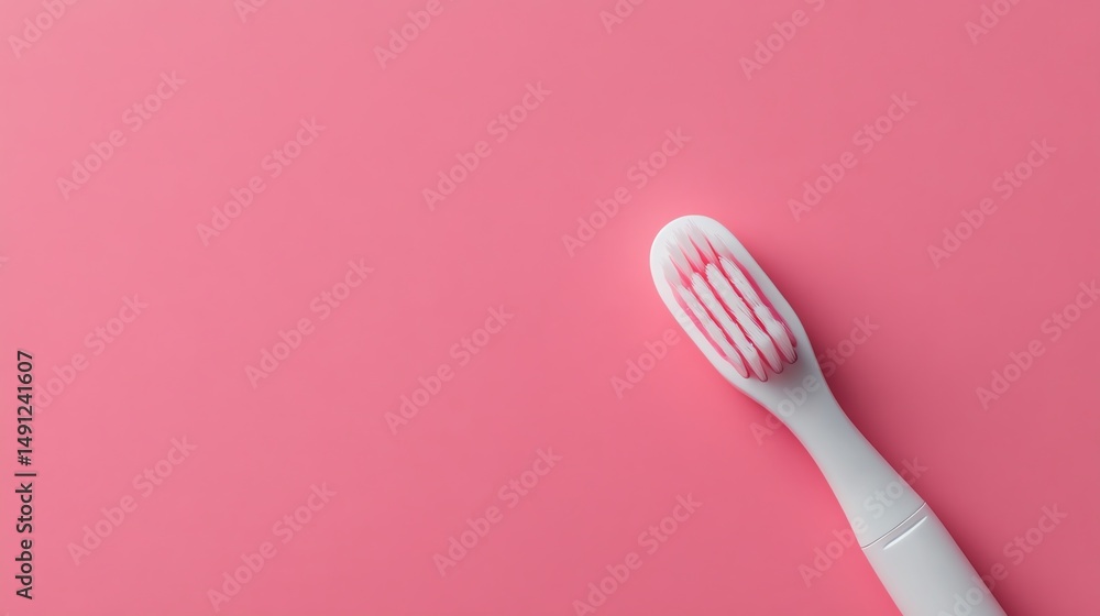 A toothbrush and toothpaste are displayed on a pink background. A toothbrush and toothpaste are displayed on a pink background.