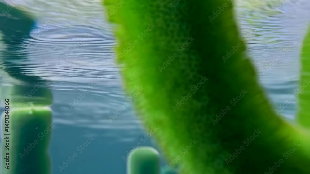 Close-up of a vibrant green textured sea plant swaying gently underwater in a marine environment with sunlight through water surface. Close-up of a vibrant green textured sea plant swaying gently underwater in a marine environment with sunlight through water surface.