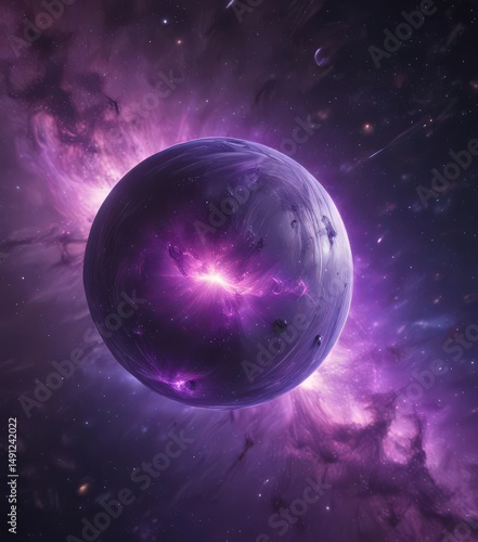 Glowing orb floats in purple nebula, cosmic dust swirls , stars, celestial, universe