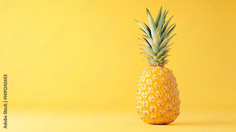 A vibrant, isolated pineapple rests on a bright yellow background. A vibrant, isolated pineapple rests on a bright yellow background.