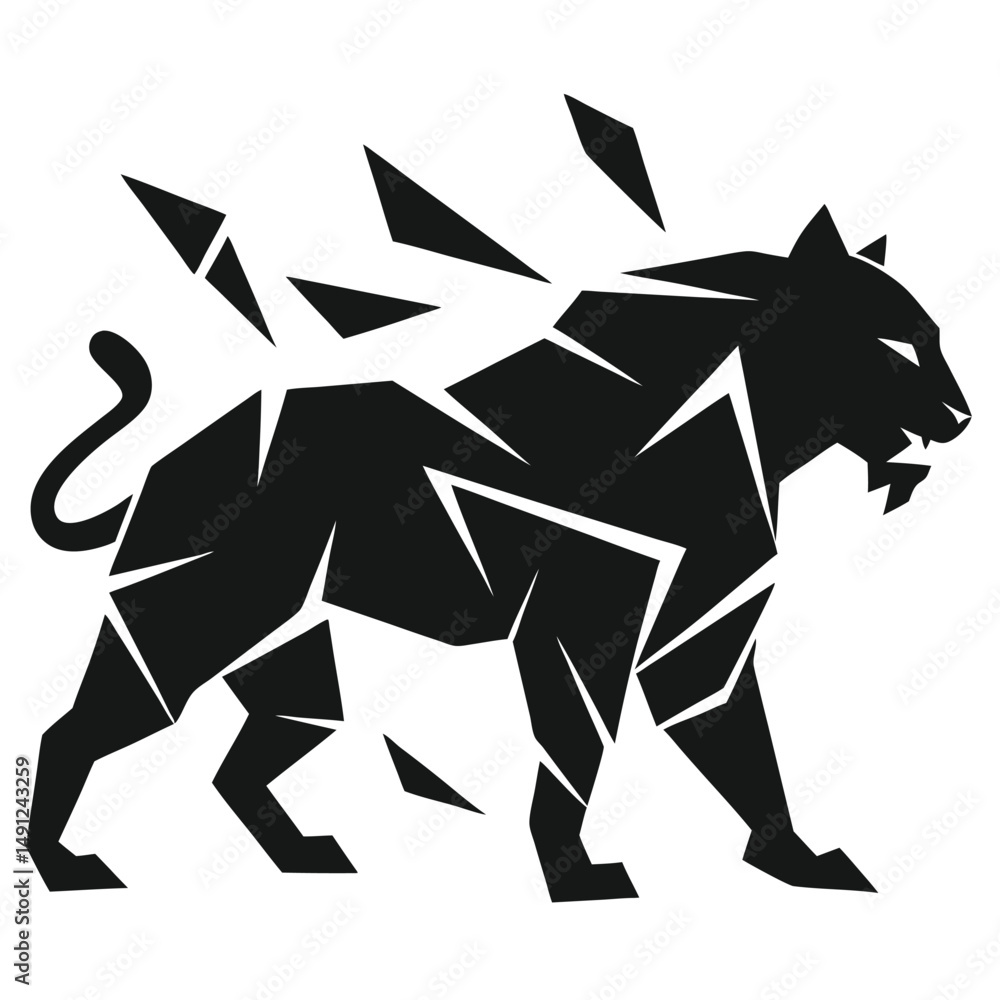 Fototapeta premium Black tiger silhouette made of sharp shattered pieces.