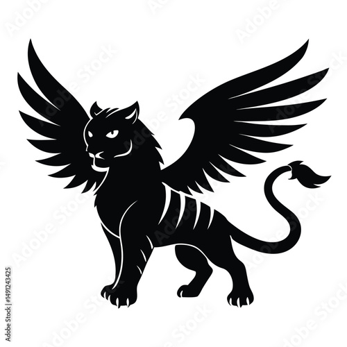 Black tiger with wings fantasy silhouette.