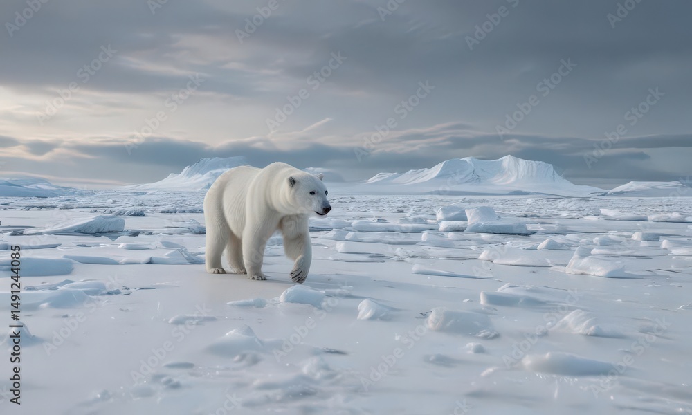 Obraz premium A ghostly white polar bear hunts on a vast expanse of sea ice , global warming, pristine