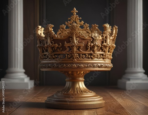 Golden crown on ornate wooden pedestal  Rich textures, regal detail , old, wood grain