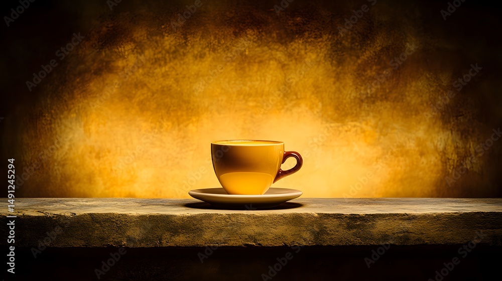 Obraz premium Warm Golden Coffee Cup on Rustic Wood Table