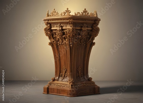 Antique wooden pedestal, ornate crown  Golden gleam , prestige, decoration, timeless